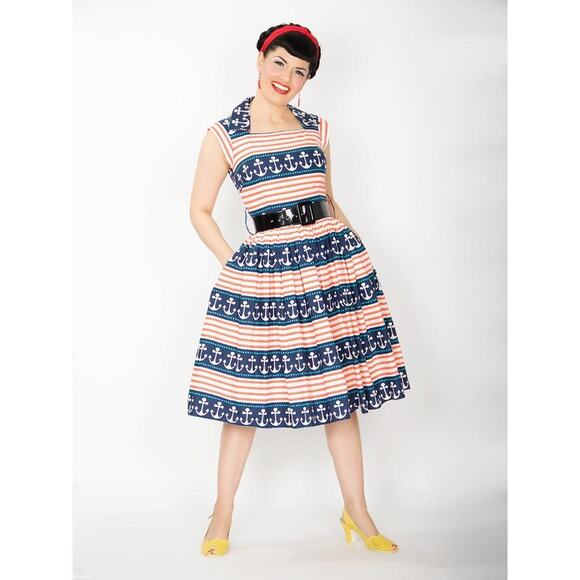 Bernie Dexter Sailor Dress Red Blue Anchor Striped Nautical Fit & Flare Size XL - Picture 1 of 10
